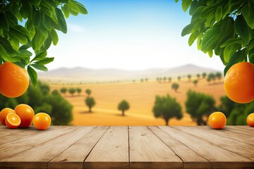 Wall Mural - Backdrop: orange landscape, empty wood table with free space above orange trees. Product display montage. Generative AI