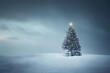 Christmas tree with wrapped presents underneath it in a snowy landscape. Generative AI