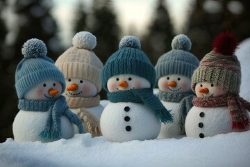 Poster - festive group of snowmen dressed in winter attire. Generative AI