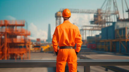 a worker in orange overalls looks from the roof at the factory