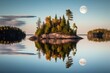 An island reflects on a calm lake with an autumn colored, tree lined shoreline and the moon in the background. Islet Lake in Ontarios Algonquin Provincial Park. Generative AI