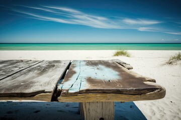 Sticker - a view of the sea and an ancient wooden table top. Generative AI