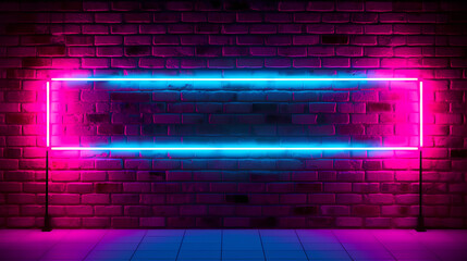 Poster - Neon frame on a brick wall background, illustration in purple and blue, quantum punk. Generative AI.
