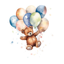 Cute Teddy Bear Flying Away With Ballons In Watercolor Design Isolated On Transparent Background