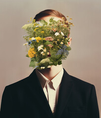 Collage with male portrait and flowers.