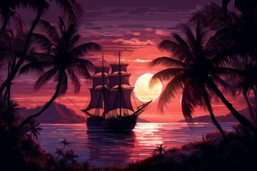 Wall Mural - A sunset with a palm tree and a sail boat.