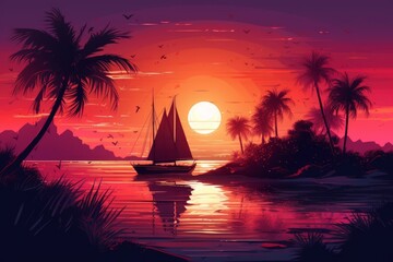 Wall Mural - A sunset with a palm tree and a sail boat.