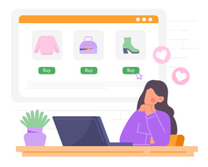 Poster - woman at web shopping concept. young girl with laptop buys shoes and clothes. online transfers and t