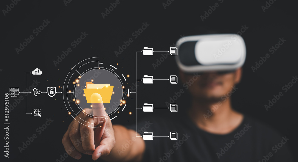 Virtual reality VR enthusiast with VR glasses, navigating the ...