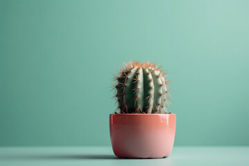 Wall Mural - Minimalist illustration of a cactus in pot isolated on green background.Copy and text space.Created with generative ai