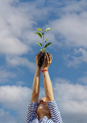 Canvas Print - The child is planting a plant in the garden. Selective focus.