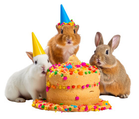 Wall Mural - Bunnies with party hats sitting behind a birthday cake isolated on a transparant background, clipart for printing and presentations