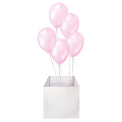Wall Mural - Pink balloons in box girl kids birthday surprise. Hand drawn watercolor illustration isolated on white background. For gender reveal party, baby shower, children's design, newborn products