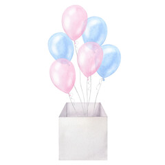 Wall Mural - Blue pink balloons in box twins boy girl kids birthday surprise. Hand drawn watercolor illustration isolated on white background. For gender reveal party, baby shower, children's design, newborn