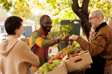 Elderly vendor giving apple sample to male customer, client trying out bio organic fresh fruits and vegetables. Senior seller small business owner selling organic eco products at farm stand.