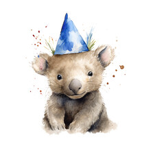 Portrait Little Cute Wombat Baby Wearing A Party Hat In Watercolor For Birthday Greetings