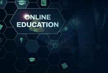 Poster - Online Education concept background with man touching the screen. Digital education concept backdrop