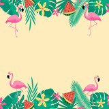 Fototapeta Dinusie - Summer background with flamingos, tropical leaves and flowers.