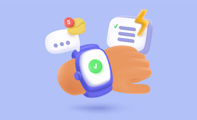 3d hand with smart watch or alarm clock. Check list for problem solving concept. 3d calendar, schedule, lightning bolt, message box, check mark icons. 3d simple gradient vector illustration