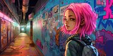 Fototapeta  - Anime girl with pink hair on vibrant, colorful streets, a whimsical journey