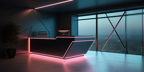 Wall Mural - neon cyber dark themed lighting reception desk at cinema theater, gaming center or billiard club lobby reception as mockup wide banner with copy space - Generative AI