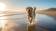 White Dog Running On Beach 