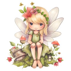 Poster - Whimsical meadow whispers, colorful clipart of cute fairies with playful wings and whispers of meadow flowers