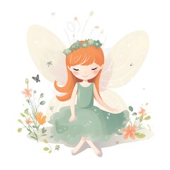 Wall Mural - Floral fantasy whimsy, vibrant illustration of cute fairies with colorful wings and whimsical flower adornments