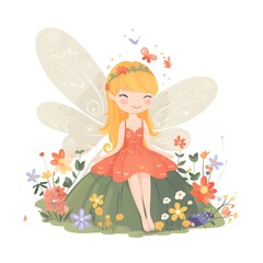 Wall Mural - Vibrant meadow magic, adorable illustration of cute fairies with vibrant wings and magical meadow flowers