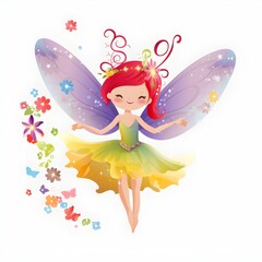 Wall Mural - Fluttering fairy wonders, delightful illustration of colorful fairies with vibrant wings and magical flower adornments