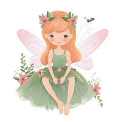 Wall Mural - Magical floral symphony, colorful illustration of cute fairies with magical wings and harmonious floral charms
