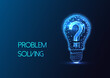 Problem solving, critical thinking futuristic concept with lightbulb and question mark on blue