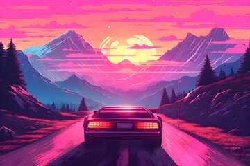 Wall Mural - Beautiful 80s Retrowave landscape. Synthwave wallpaper and background. Printable wallpaper 