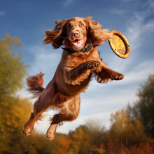 A Cocker Spaniel Dog That Catches A Disk In A Jump. Dog Play With Collar, Dog Frisbee