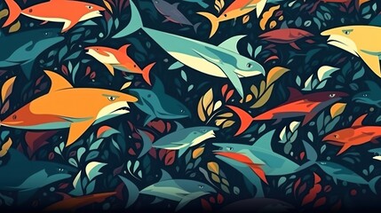 Wall Mural - Shark. Ocean Pattern. Shark Pattern. Seamless Shark Pattern. Underwater Life. Made With Generative AI.