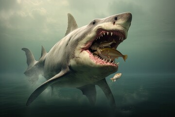 Wall Mural - Model of a dangerous predatory white shark with prey in mouth AI Generative AI