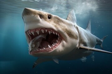 Wall Mural - Model of a dangerous predatory white shark with prey in mouth AI Generative AI