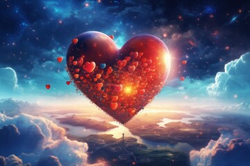 Wall Mural - illustration of heart-shaped planet floating in a surreal sky, with colorful constellations surround
