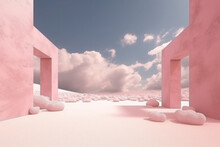 Surreal Pink Landscape Background With Arch, Blue Sky. Of Mockup Of Presentation Podium. Generative Ai, Ai, Generative