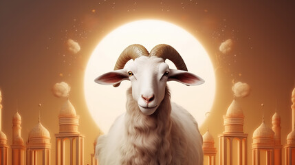 sheep in front of moon and islamic building Eid Mubarak Eid Al-Adha Eid illustration Eid Al Adha Mubarak . Kurban Bayramı,Creative ads for social media , banner, poster, greeting card, generative ai