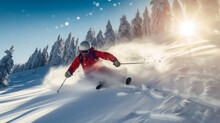 A Skier Skiing Down A Snowy Slope With Mountains In The Background. Generative Ai