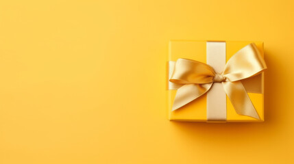 A yellow gift box with a bow on a yellow background. Generative ai