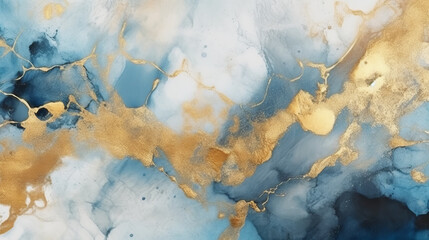 Aufkleber - An abstract painting with a color scheme of gold and blue. Generative ai