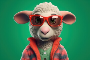 Wall Mural - Anthropomorphic baby sheep dressed in human clothing. Humanized animal concept. AI generated, human enhanced