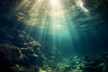 Wall Mural - Transparent water, underwater sea background. Mockup or backdrop with sunbeams under water. AI generated, human enhanced