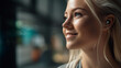 © wetzkaz - caucasian blonde 20s 30s, in-ear headset, close-up, side view, outdoors, fictional location