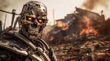 A Damaged Metal Skeleton Robot, Without Human Shell, Humanoid Android With Artificial Intelligence, In Destroyed Abandoned Environment, Machine In War Against Humanity, Metal Combat Robot And Soldier