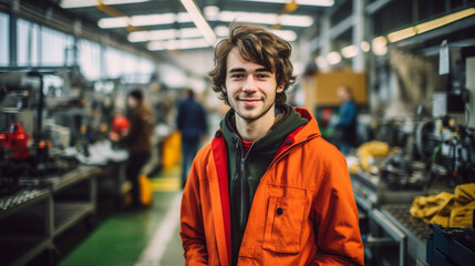 young adult man works in a workshop, factory worker, smiling