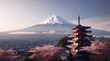 Fujiyoshida, Japan Beautiful view of mountain Fuji and Chureito pagoda wide background landscape. Generative AI