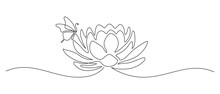 Flower Lotus With Butterfly In One Continuous Line Drawing. Logo Yoga Studio And Wellness Spa Salon Concept In Simple Linear Style. Water Lily In Editable Stroke. Doodle Contour Vector Illustration
